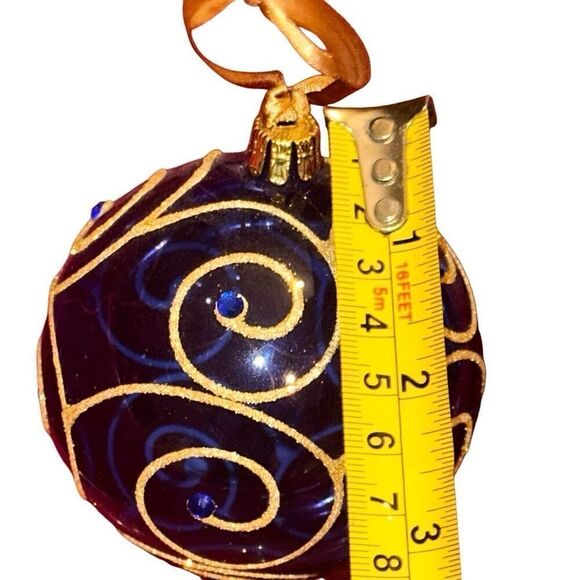 8 Blown Glass Blue With Gold Glitter Swirl Hanging Christmas Ornaments - Picture 7 of 8